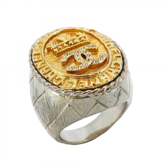 CHANEL Jewelry - CHANEL Band Ring Coco Mark Oval GP Plated Metal Rhinestone Gold Silver Size 6